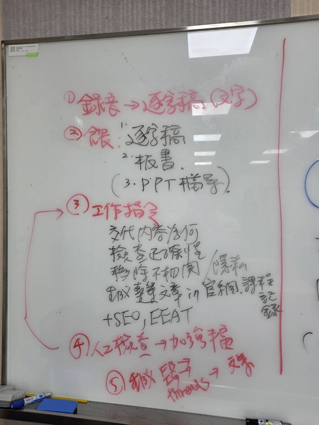 黃震宇老師於外貿協會台中辦事處講解AI內容工作流程板書，從錄音轉逐字稿、餵入板書與資料、下工作指令、人工檢查，到生成SEO與E-E-A-T官網及社群內容
