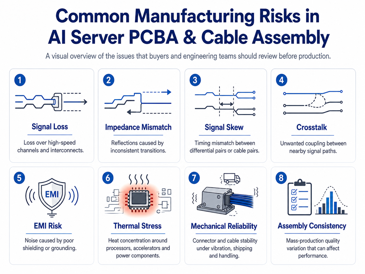 Common manufacturing risks in AI server PCBA and high-speed cable assembly projects, including signal loss, impedance mismatch, signal skew, crosstalk, EMI risk, thermal stress, mechanical reliability and assembly consistency Common manufacturing risks in AI server PCBA and high-speed cable assembly projects, including signal loss, impedance mismatch, signal skew, crosstalk, EMI risk, thermal stress, mechanical reliability and assembly consistency