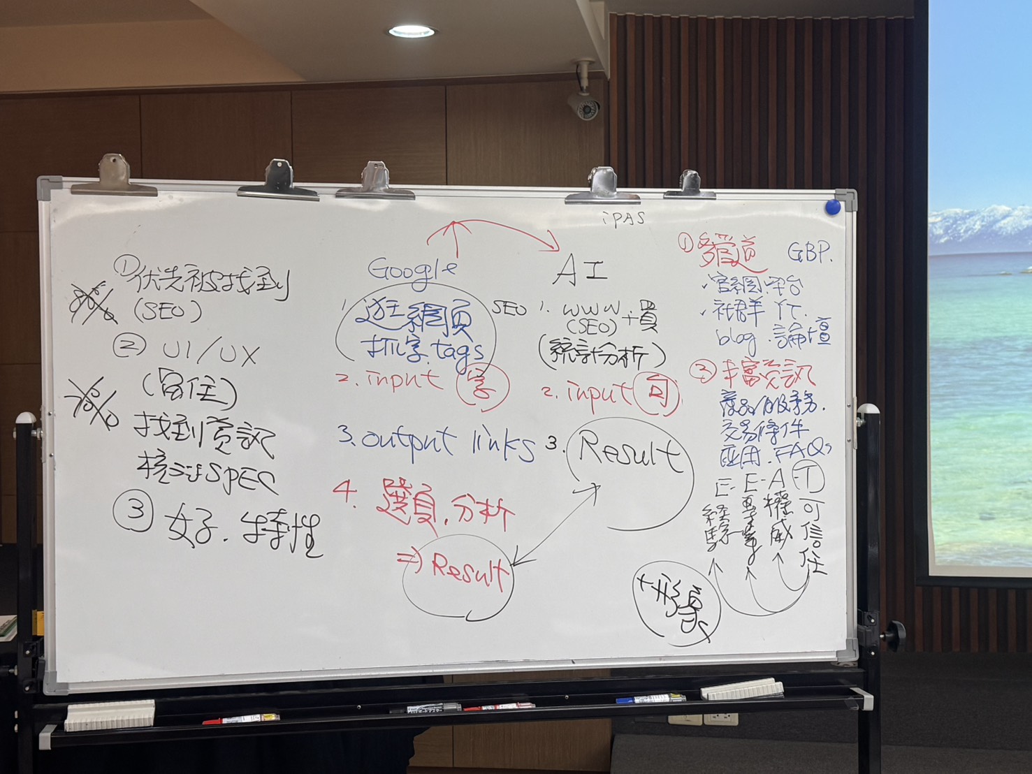 台北市工業會AI行銷課程白板比較Google搜尋、AI回答與企業E-E-A-T專業信任內容