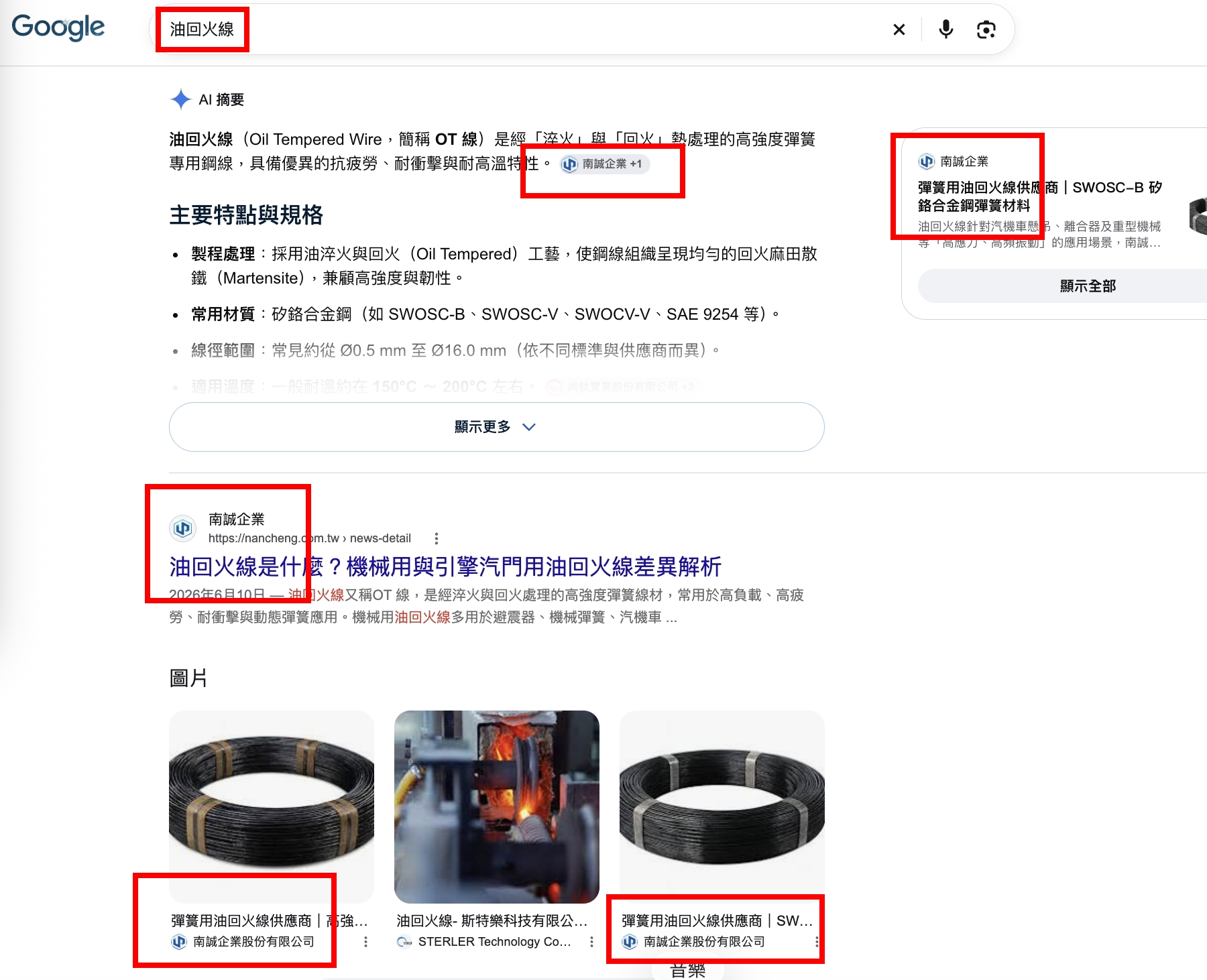 南誠企業油回火線 Google SEO 與 AI 摘要曝光成果，專業文章獲 Google AI 引用並出現在搜尋結果