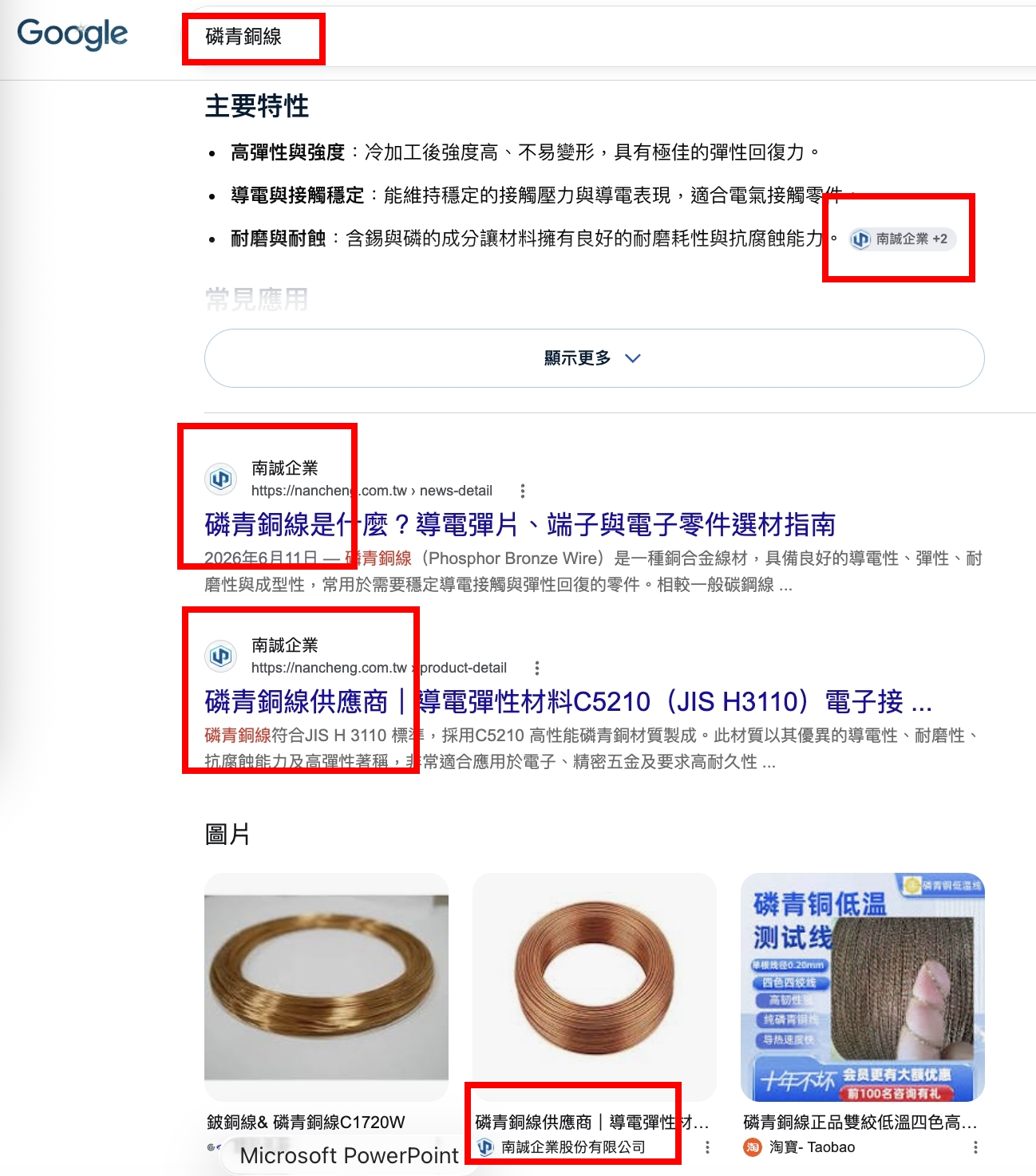 南誠企業磷青銅線 Google SEO GEO 成果，專業文章與產品頁取得搜尋曝光並獲 AI 摘要引用