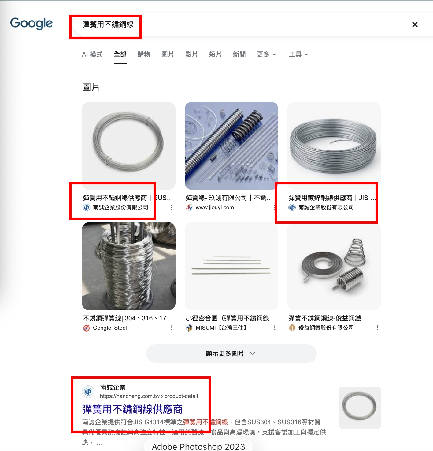 南誠企業彈簧用不鏽鋼線產品圖片出現在 Google 圖片搜尋，產品頁取得自然搜尋曝光