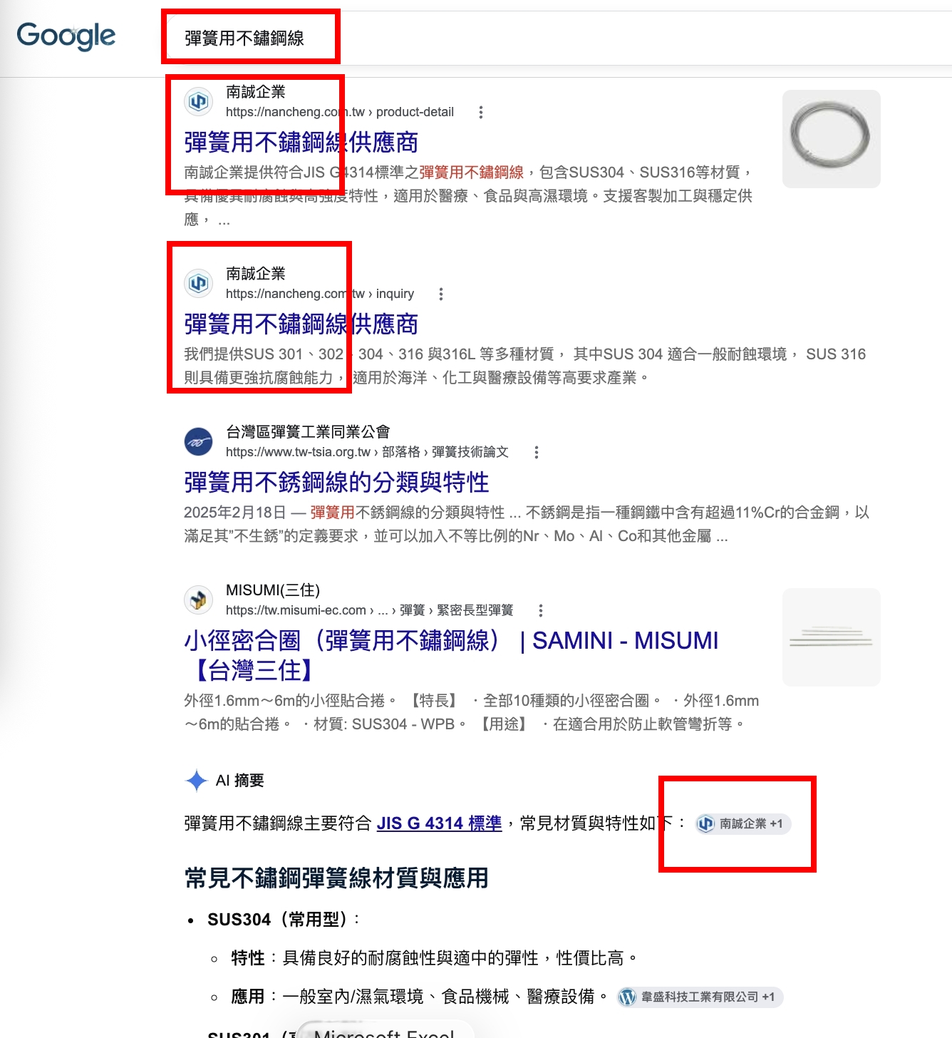 南誠企業彈簧用不鏽鋼線產品頁與詢價頁出現在 Google 搜尋結果，AI 摘要引用南誠企業資訊