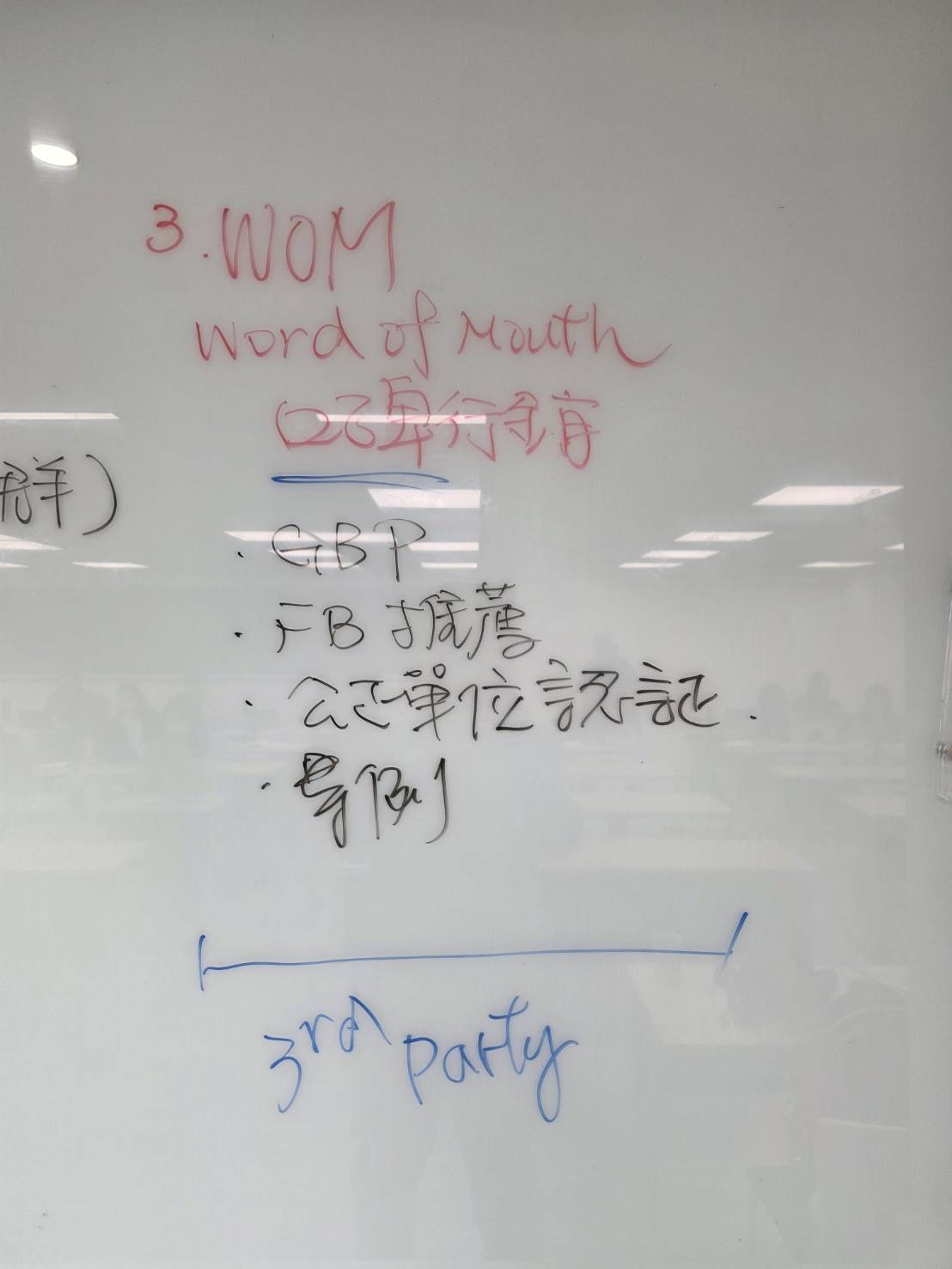 WOM口碑行銷課程板書，包含Google評論、Facebook推薦、企業認證與客戶案例