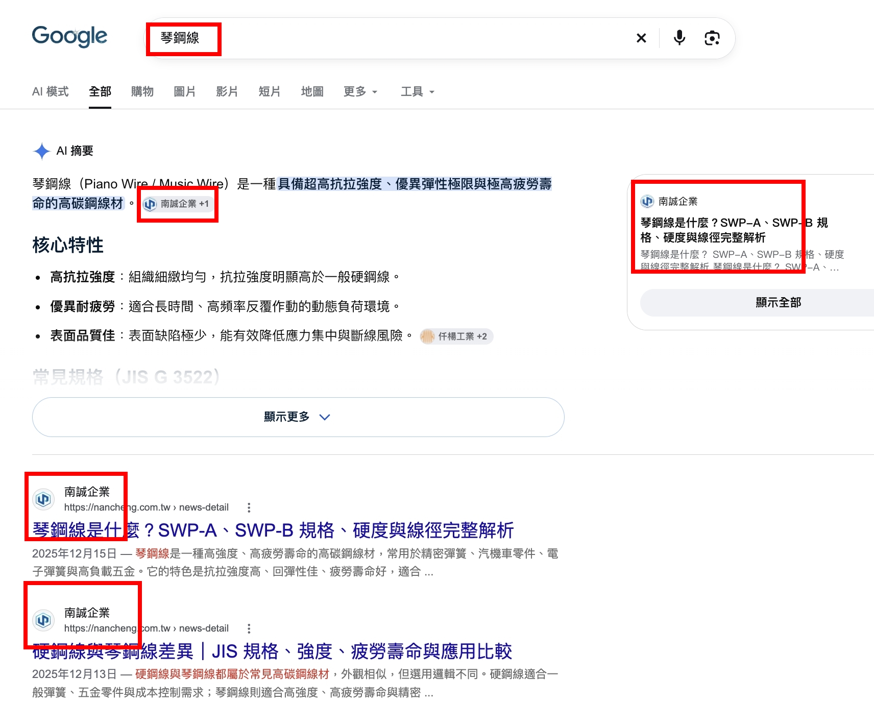 南誠企業琴鋼線Google自然搜尋前兩名及AI摘要引用成果，製造業SEO GEO實際案例